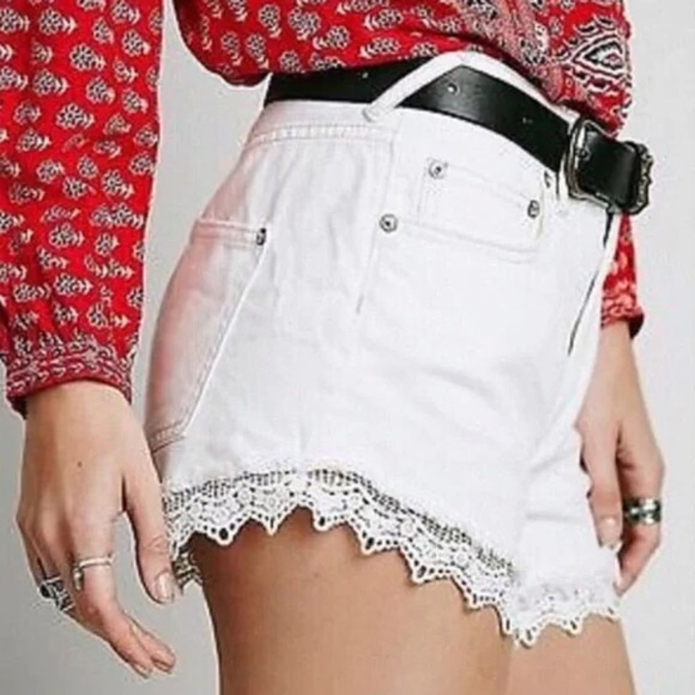 Free People Lace Trim Denim Shorts White Cut off Boho Festival Romantic 29 $88